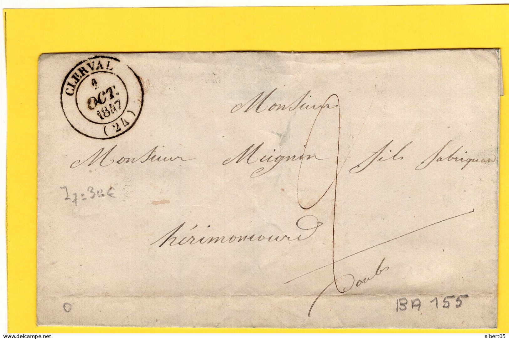 L.S.C. De Clerval Pour Hérimoncourt - Tàd Type 14 Du 1er Janvier 1847 - Taxe Manuscrite 2 Décimes - 1801-1848: Précurseurs XIX