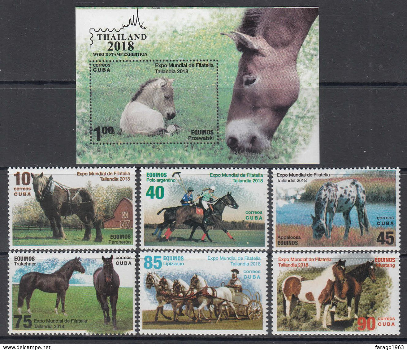 2018 Cuba Horses Complete Set Of 6 + Souvenir Sheet MNH - Nuevos