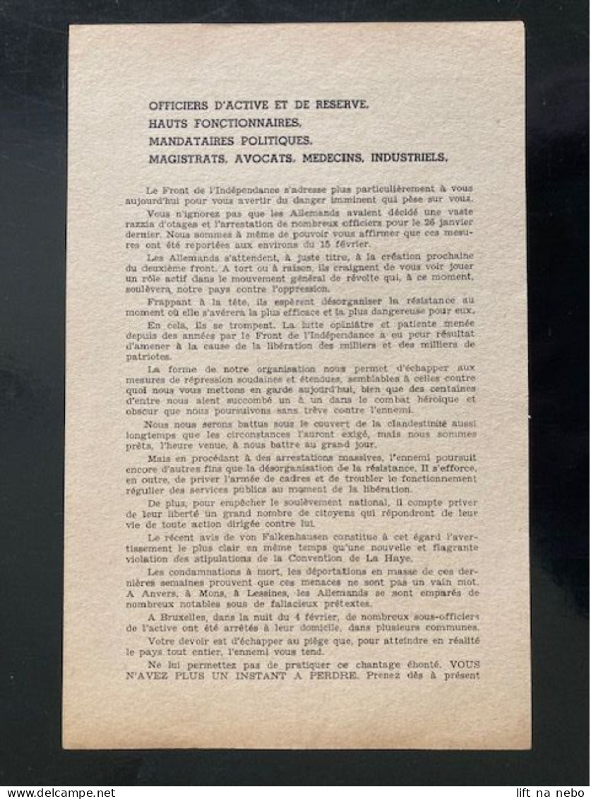 Tract Presse Clandestine Résistance Belge WWII WW2 Officiers D'active Et De Reserve...' Printed On Both Sides - Documents