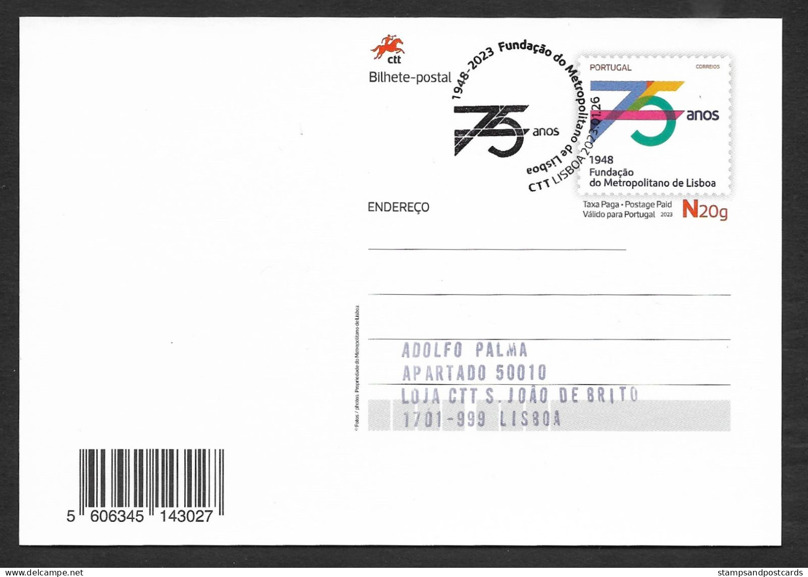 Portugal Entier Postal 2023 Metro De Lisbonne 75 Ans Cachet Stationery Lisbon Subway Train 75 Years Pmk - Trains