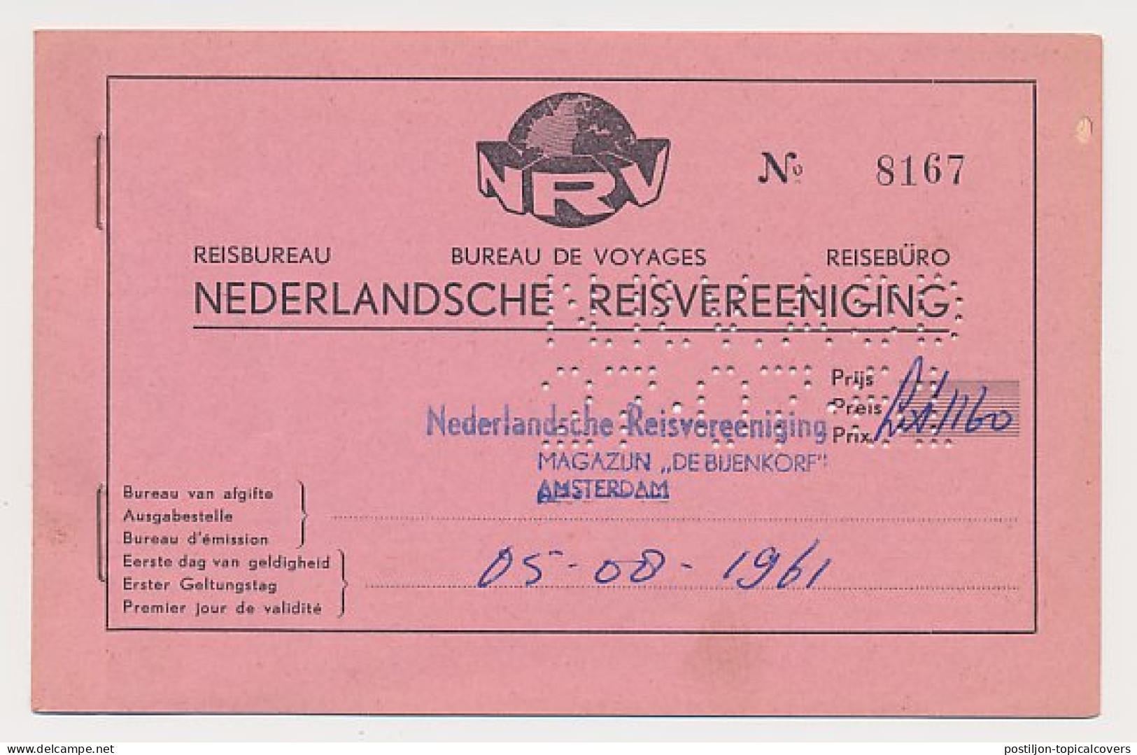 Nederlandsche Reisvereeniging - Reisbiljet 1961 - Zonder Classificatie