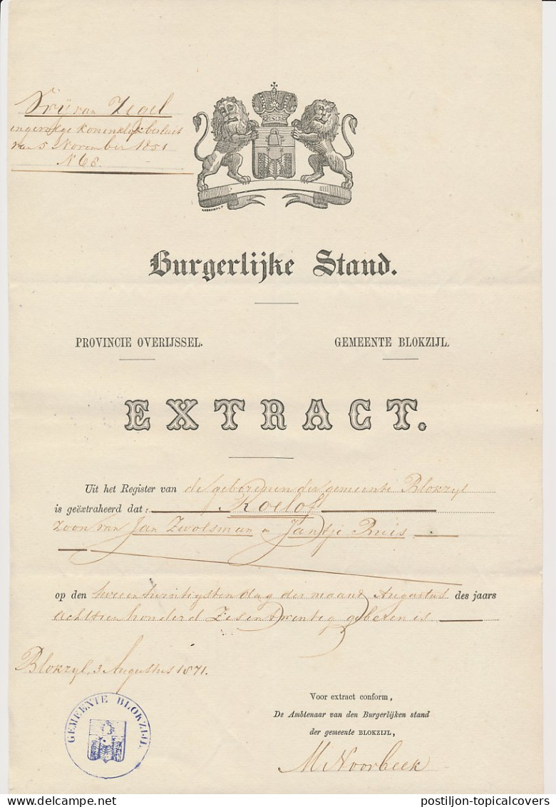 Extract Burgerlijke Stand - Blokzijl 1871 - Fiscale Zegels