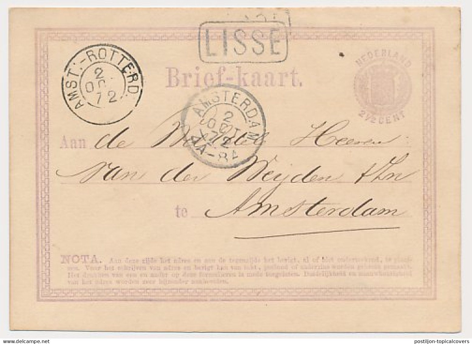 Stempel Distributiekantoor Lisse - Amsterdam 1872 - Cartas & Documentos
