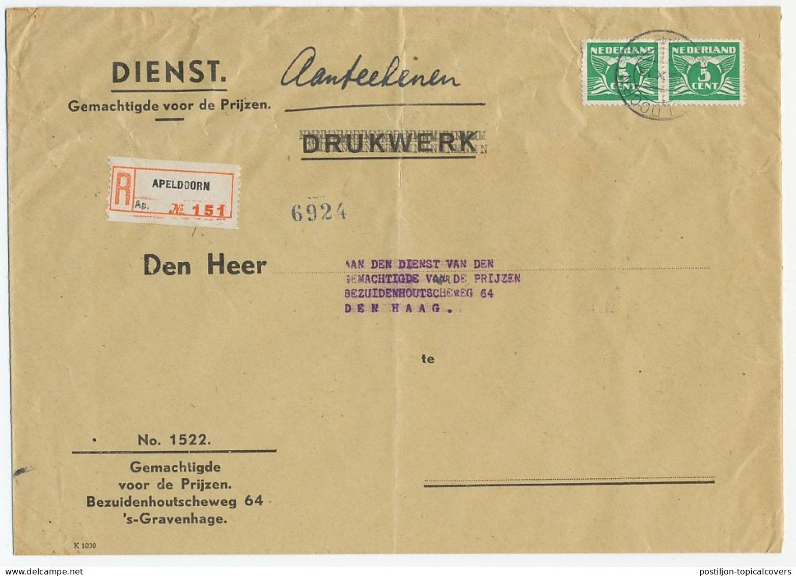 Em. Duif Dienst Antwoordenvelop Aangetekend Apeldoorn 1942 - Zonder Classificatie