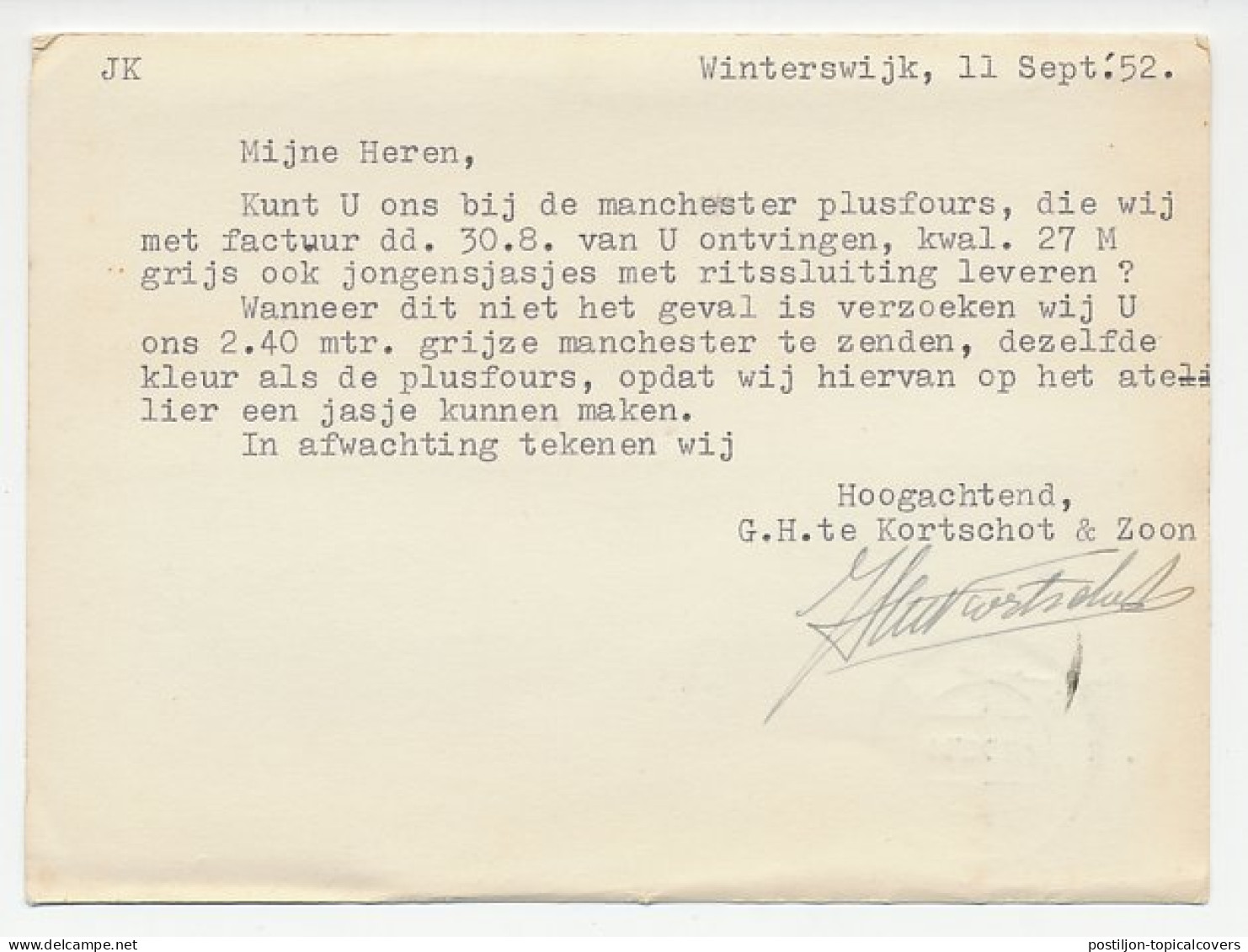 Firma Briefkaart Winterswijk 1952 - Kleding / Confectie - Zonder Classificatie