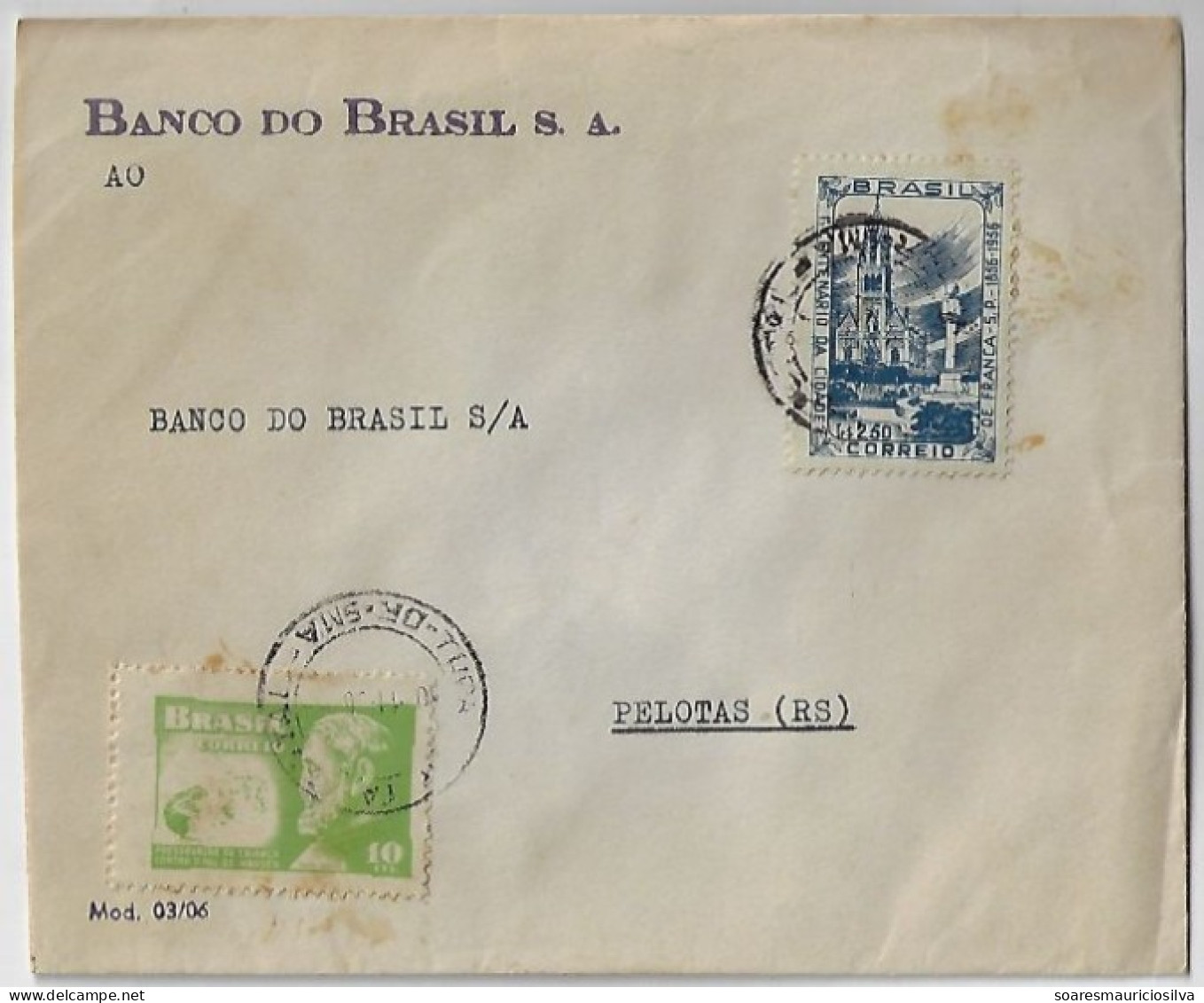 1956 Bank Of Brazil Cover Sent From Santa Maria Area To Pelotas Stamp Fanca City 1st Centenary + Hansen's Disease - Cartas & Documentos