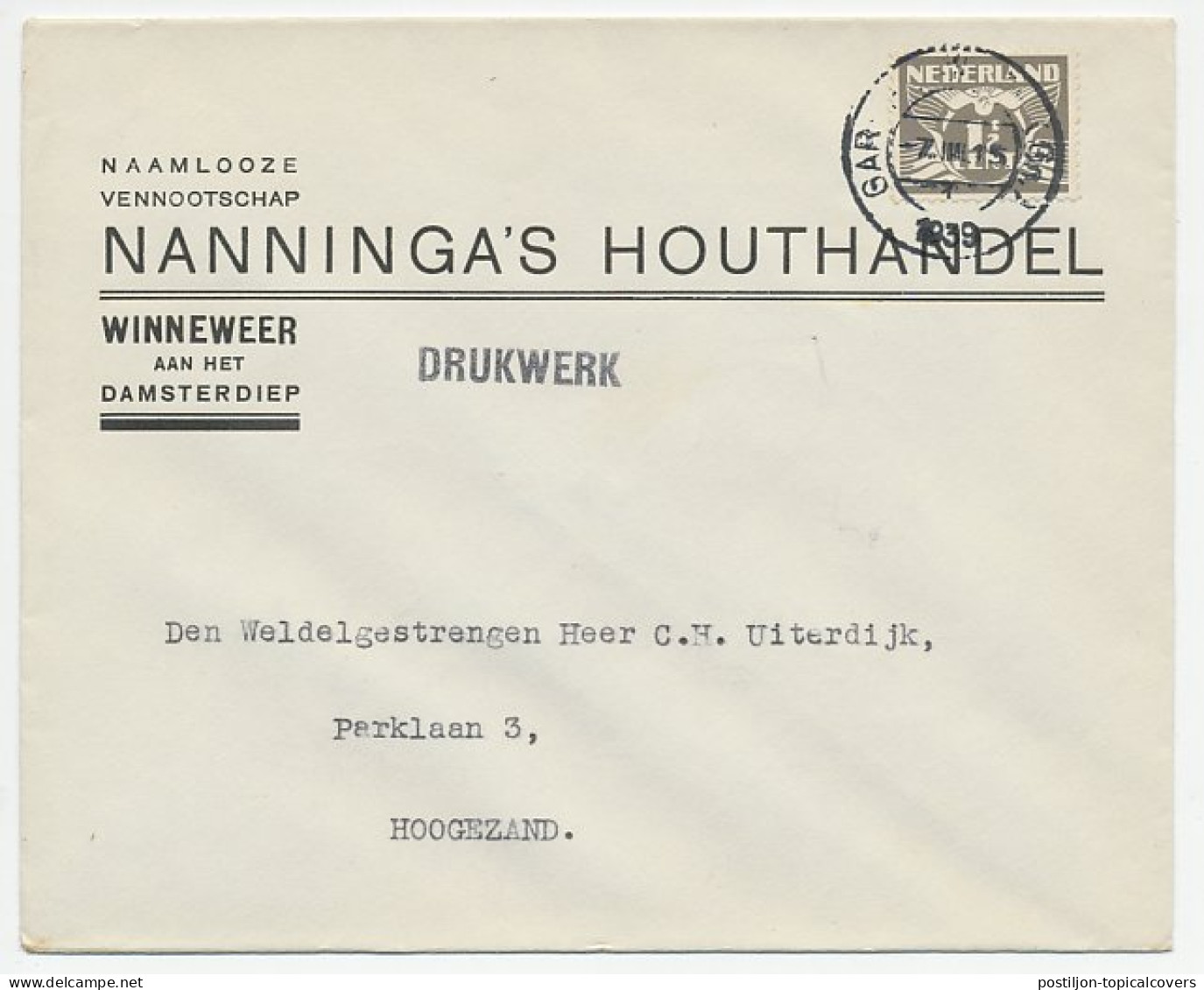 Firma Envelop Winneweer 1939 - Landkaart / Houthandel  - Zonder Classificatie