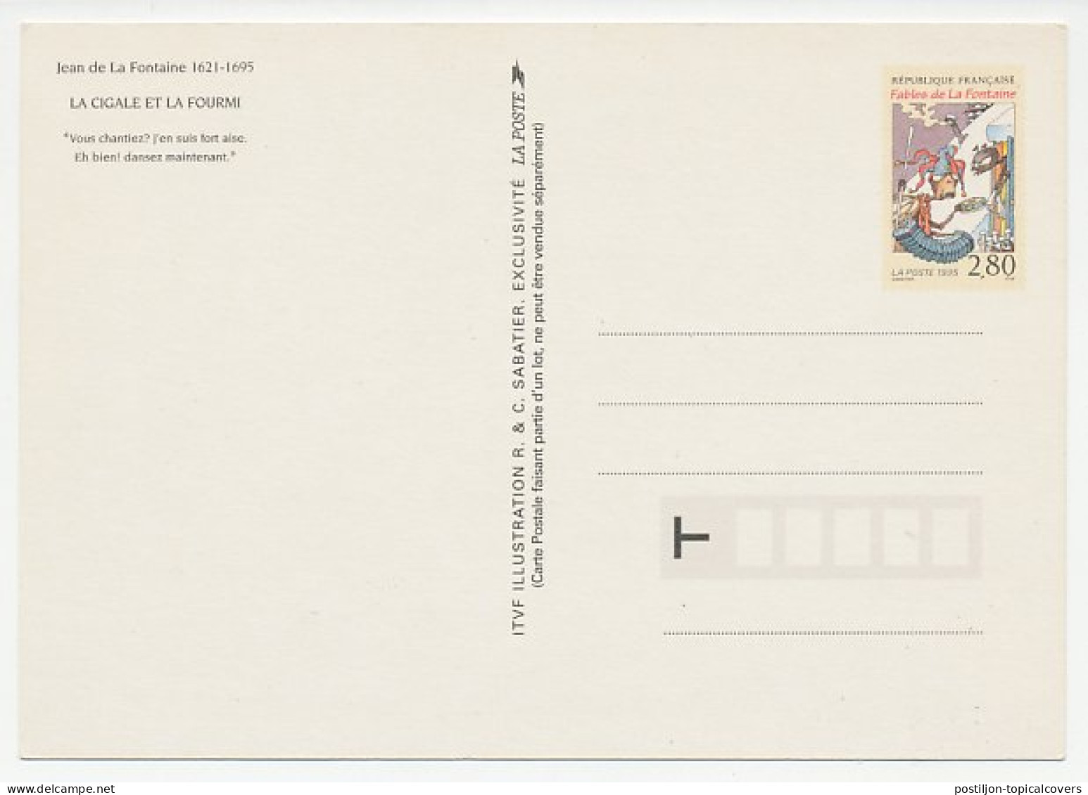 Postal Stationery France 1995 Jean De La Fontaine - The Ant And The Grasshopper - Fairy Tales, Popular Stories & Legends
