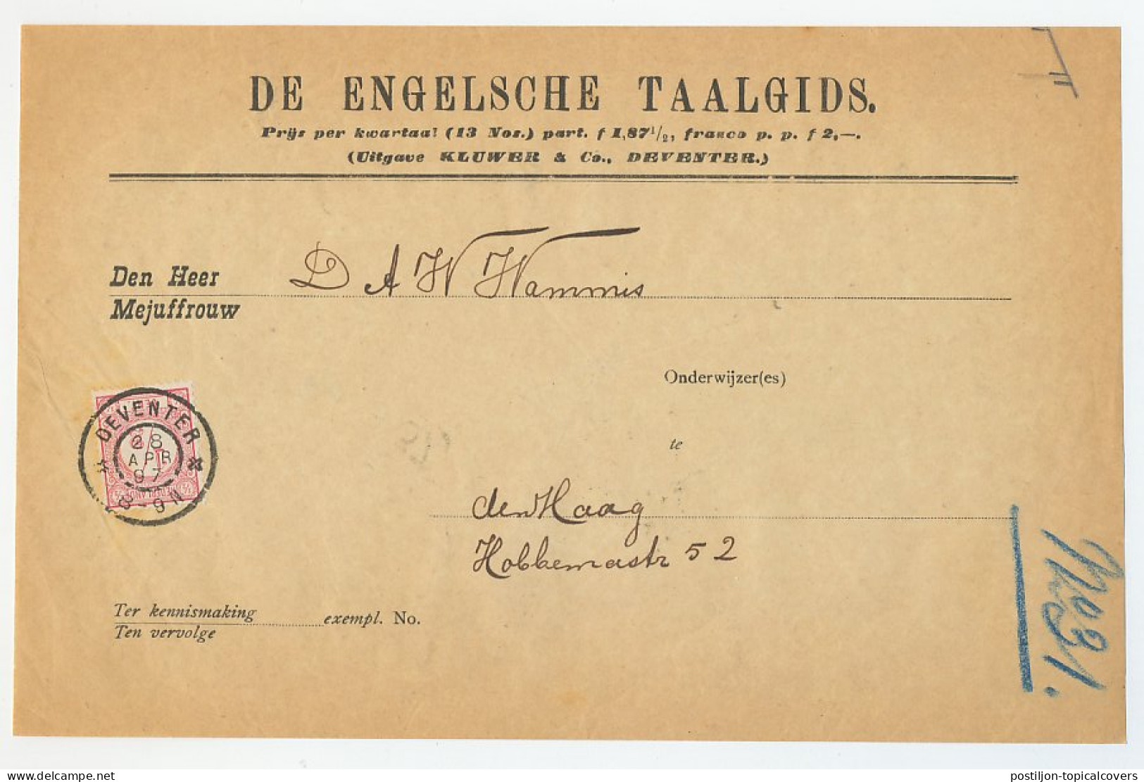 Em. 1894 Drukwerkwikkel ( Front ) Deventer - Den Haag  - Lettres & Documents