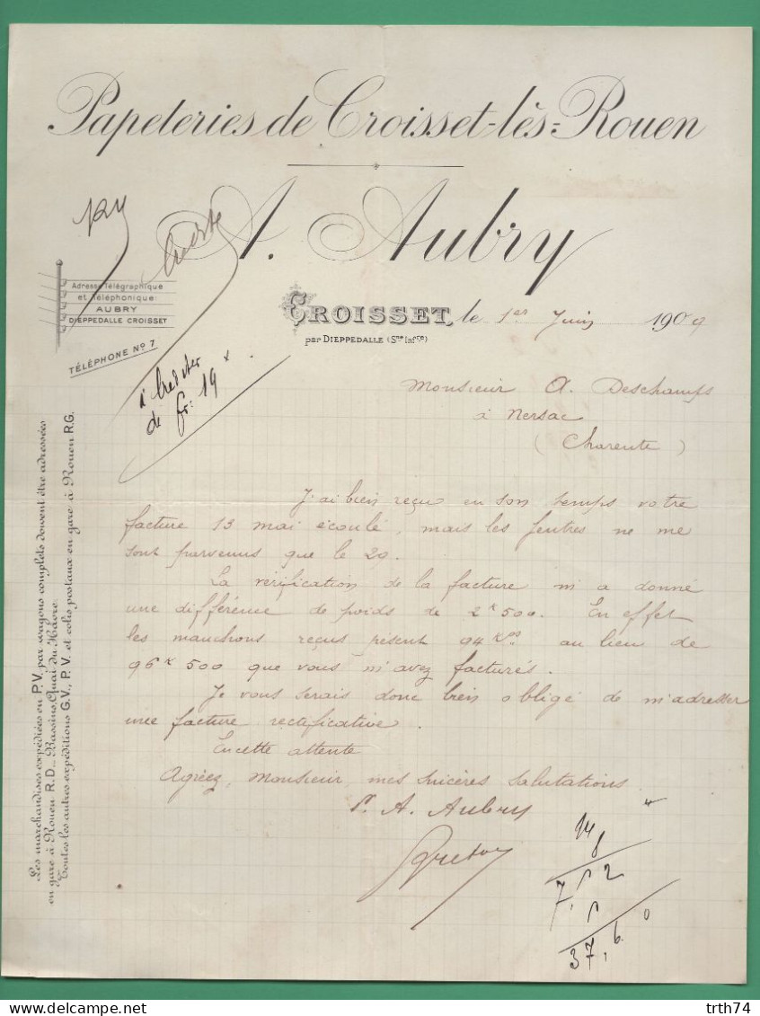 76 Croisset Par Dieppedalle ( Environs De Rouen ) Aubry Papeteries De Croisset Les Rouen 1 Juin 1909 - Drukkerij & Papieren