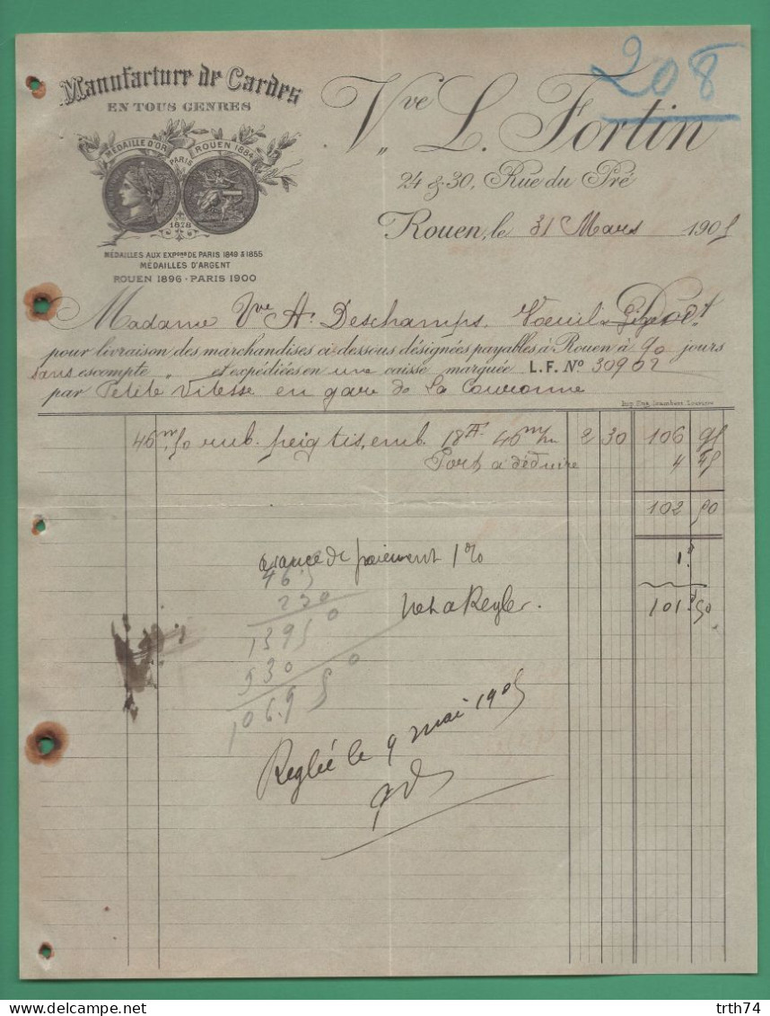 76 Rouen Fortin Manufacture De Cardes ( Logo Médaille D' Or Et Argent ) 31 Mars 1905 - Straßenhandel Und Kleingewerbe