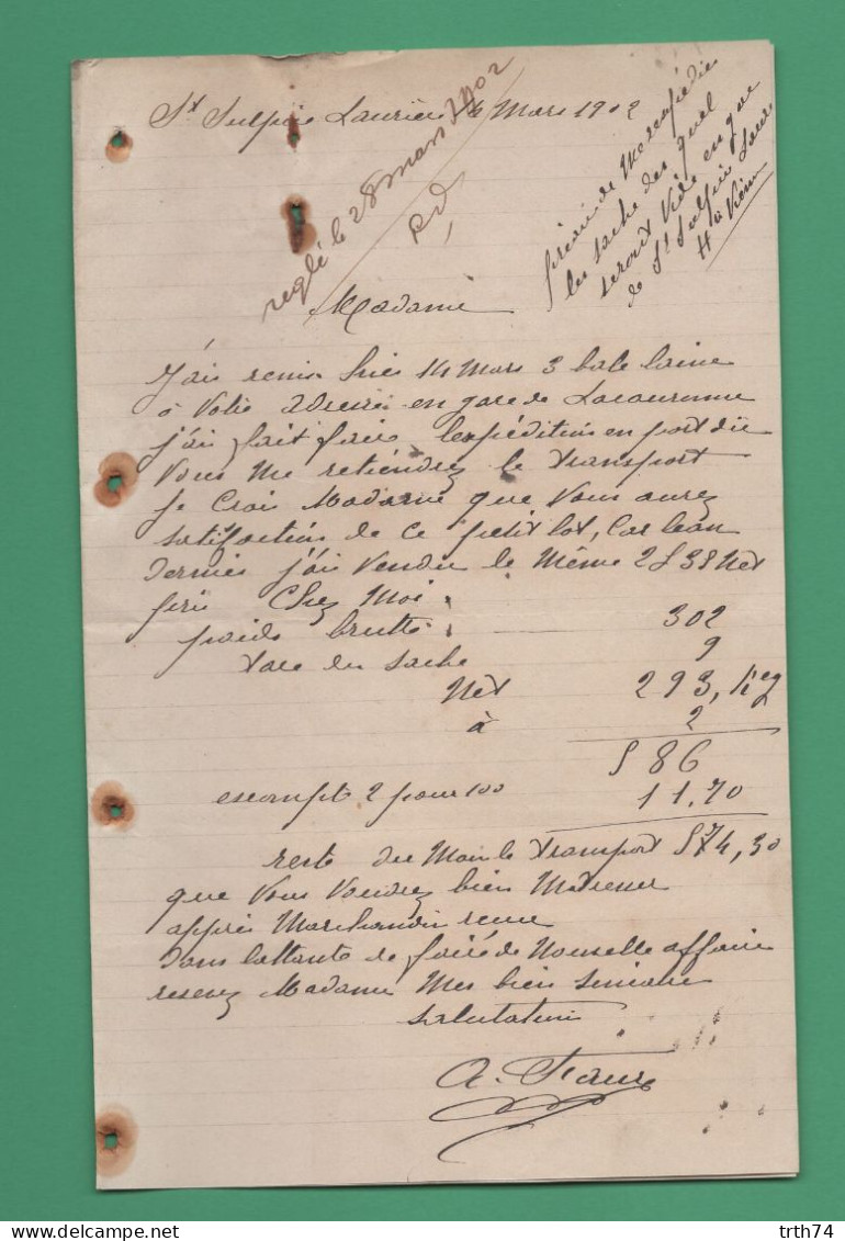 87 Saint Sulpice Laurière ( Sujet Livraison Colis Laine En Gare De 16 La Couronne Charente ) 14 Mars 1902 - Kleding & Textiel