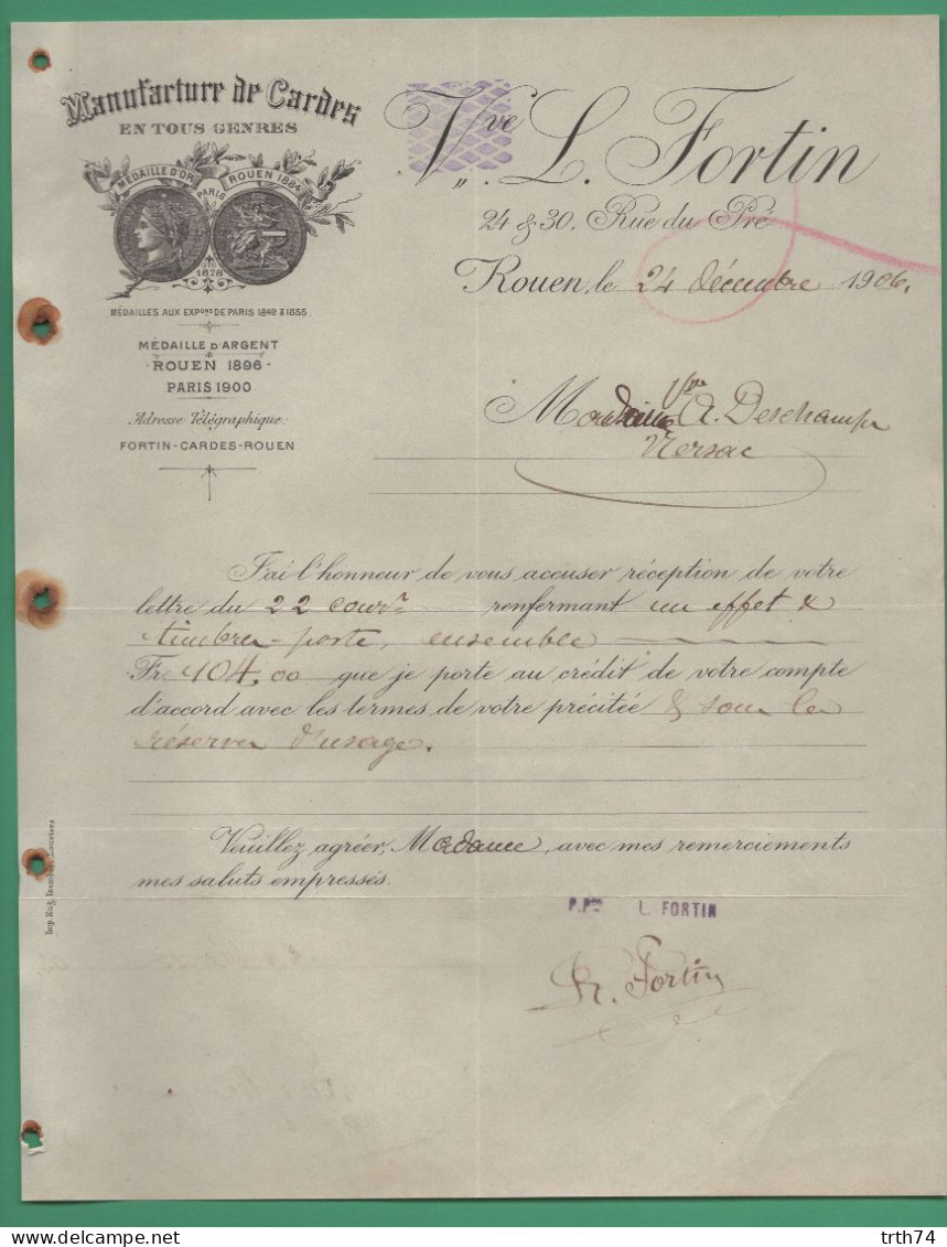 76 Rouen Fortin Manufacture De Cardes ( Logo Médaille D' Or Et Argent ) 24 Décembre 1906 - Petits Métiers