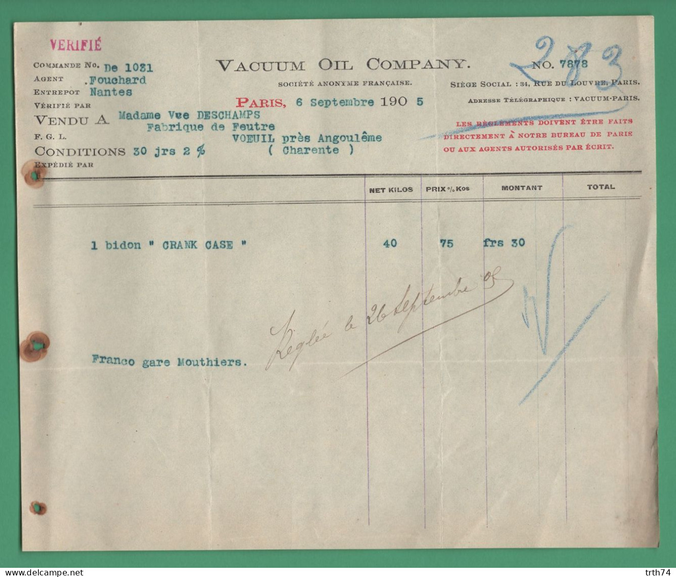 75 Paris Vacuum Oil Company Sujet De La Facture Bidon Crank Case 6 Septembre 1905 - Ambachten