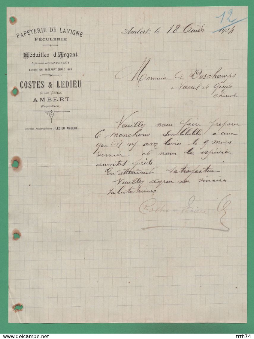 63 Ambert Costes & Ledieu Papeterie De Lavigne Féculerie ( Médailles D' Argent 1878 ) 18 08 1904 - Imprenta & Papelería