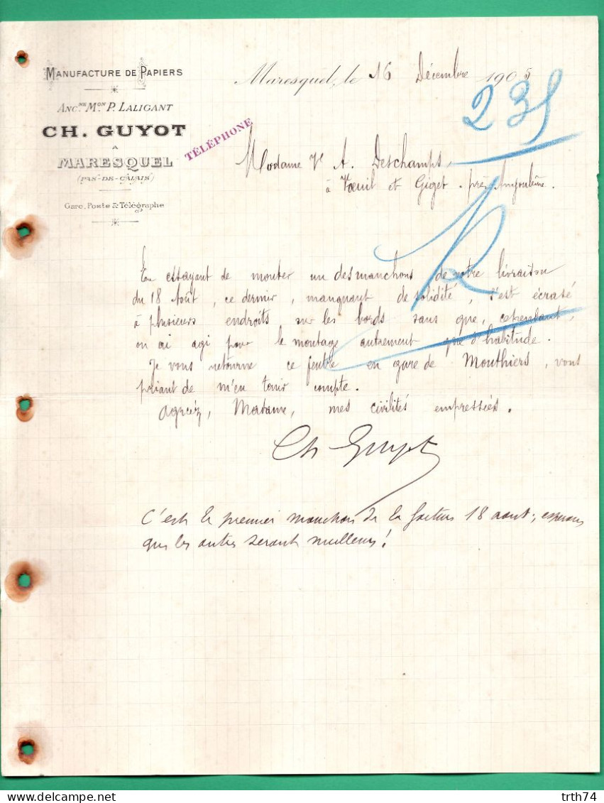 62 Maresquel Guyot Ch Anciennement Laligant Manufacture De Papier 16 Décembre 1905 - Imprenta & Papelería