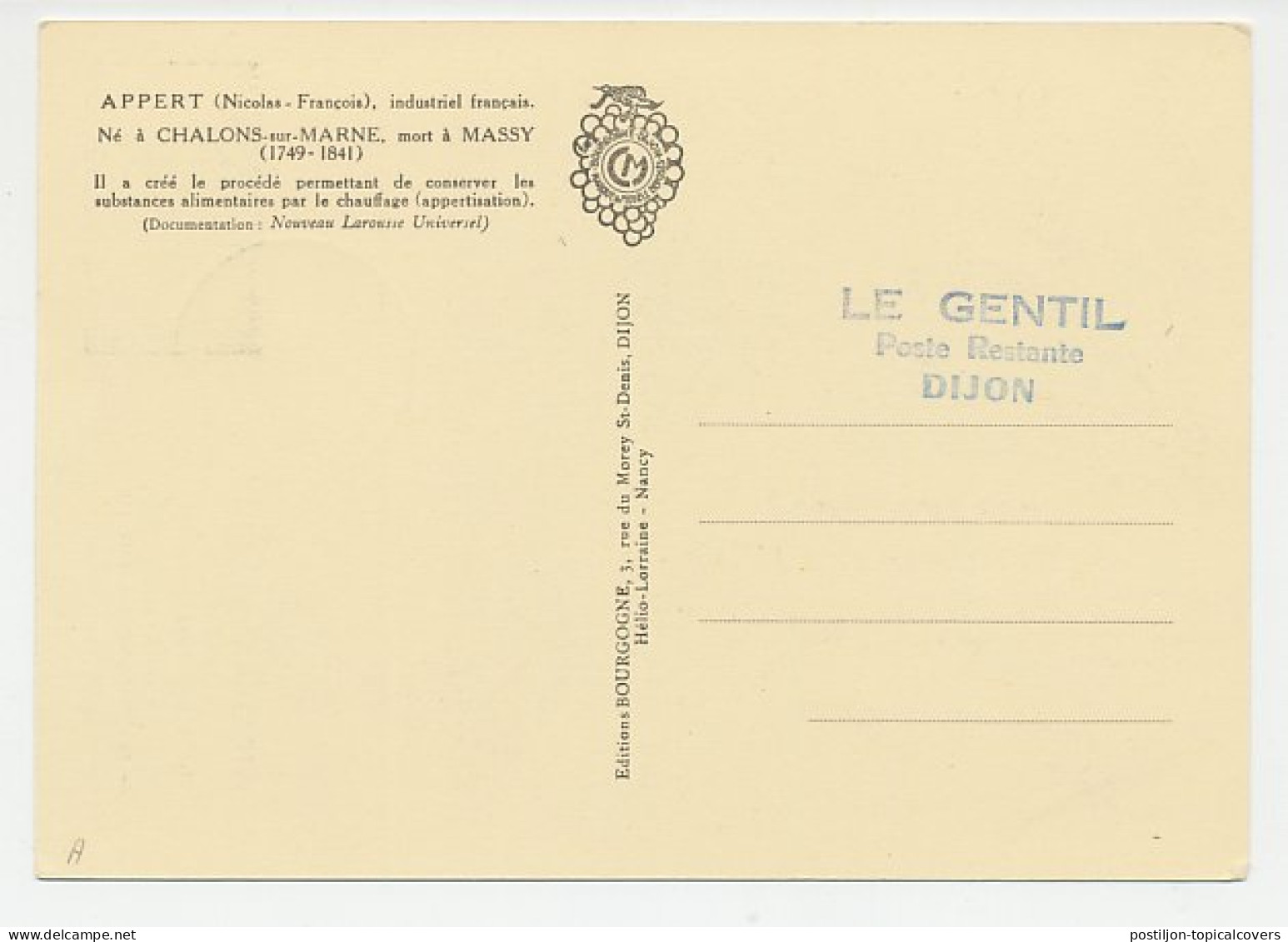 Maximum Card France 1955 Nicolas Appert - Airtight Food Preservation  - Non Classés