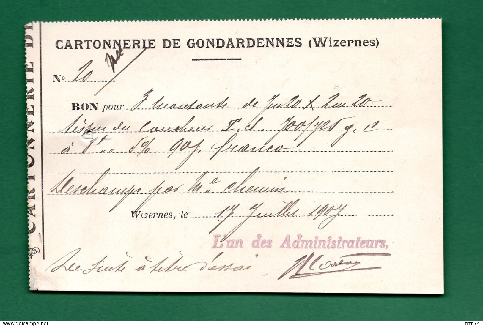 62 Wizernes Cartonnerie De Gondardennes 17 Juillet 1907 - Imprenta & Papelería
