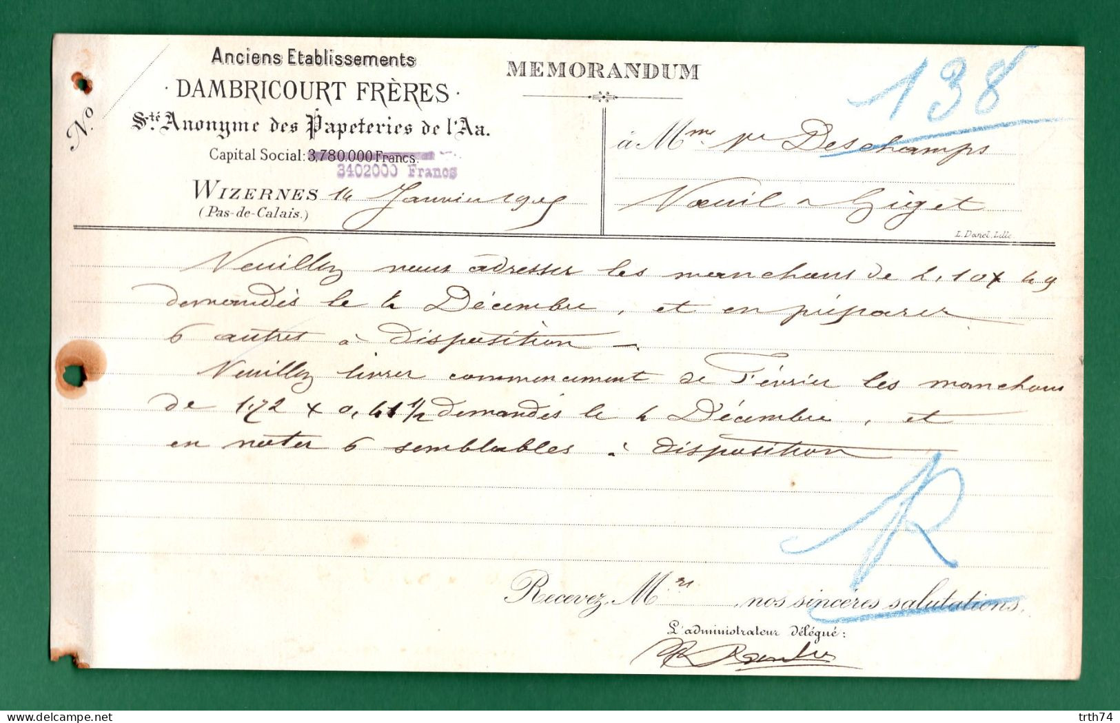 62 Wizernes ( Pas De Calais ) Papeteries De L' Aa Établissements Dambricourt 14 Janvier 1905 - Imprenta & Papelería