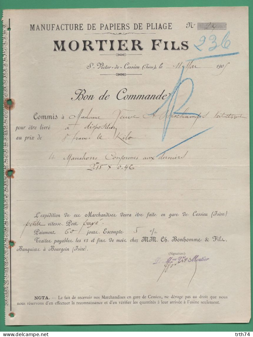 38 Saint Victor De Cessieu Manufacture De Papiers De Pliage Mortier Fils 11 Mars 1905 - Imprenta & Papelería