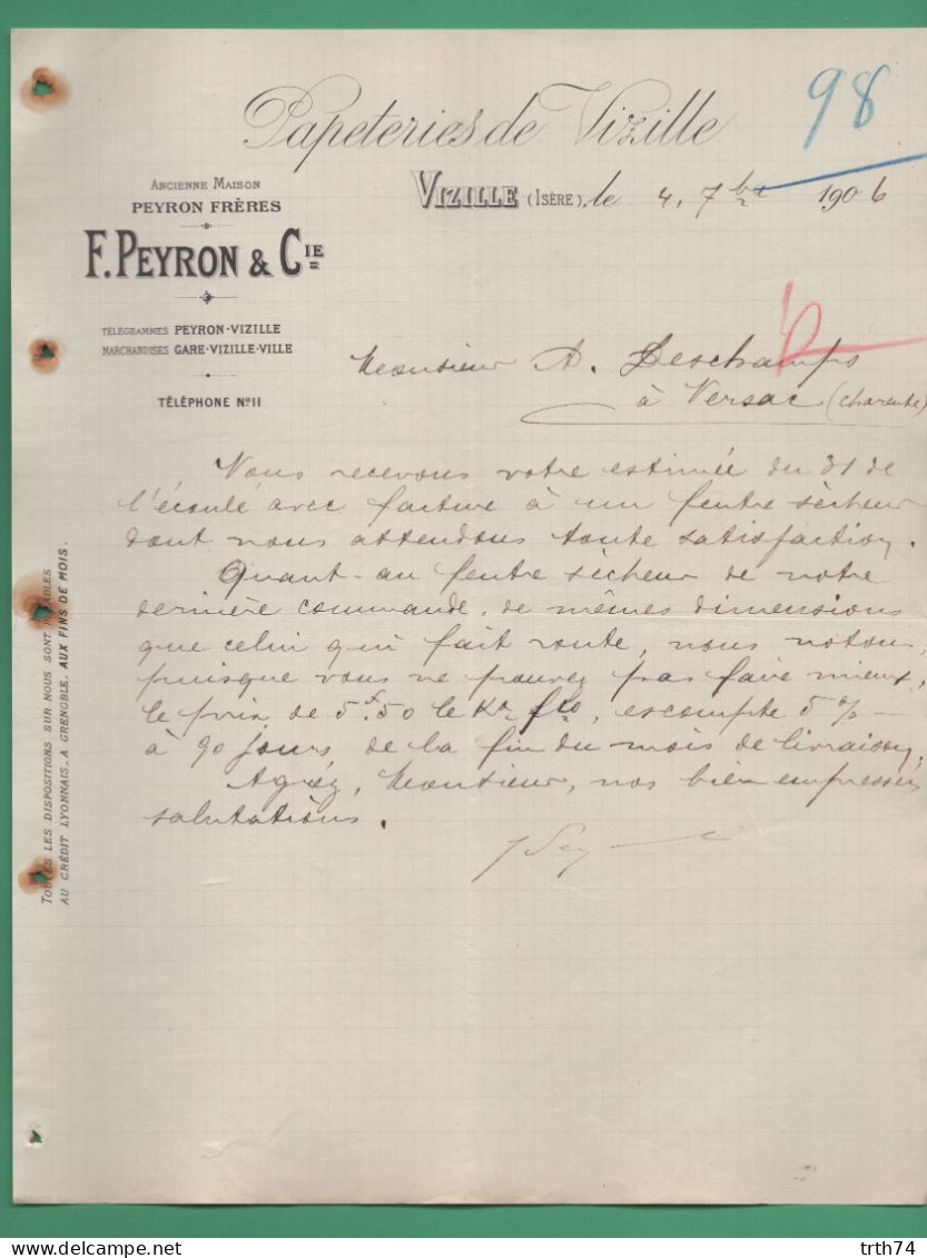 38 Vizille Peyron Frères Papeterie De Vizille 04 09 1906 - Imprenta & Papelería