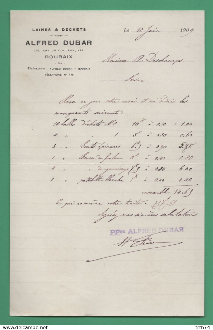 59 Roubaix Dubar Alfred Laines Et Déchets 12  Juin 1909 - Kleding & Textiel
