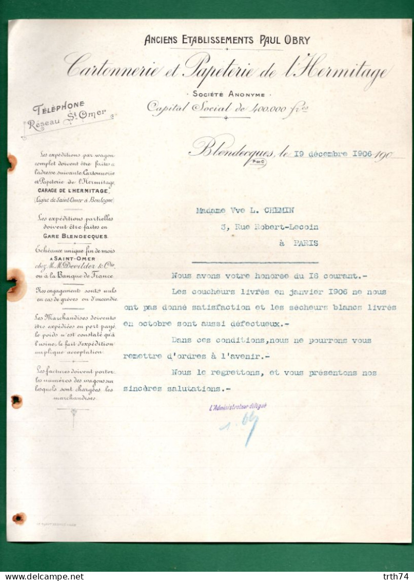 62 Blendecques Prés Saint Omer Cartonnerie Et Papeterie De L' Hermitage Paul Obry 19 Décembre 1906 - Drukkerij & Papieren