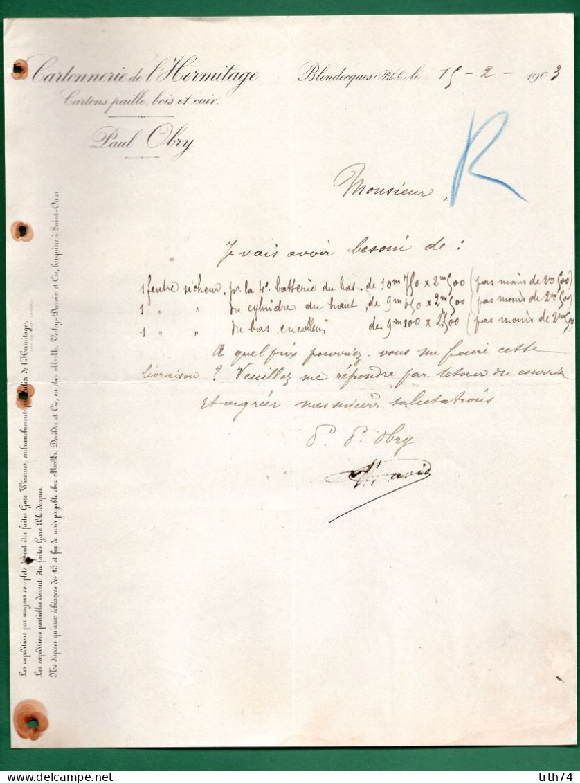 62 Blendecques Cartonnerie De L' Hermitage Cartons Paille Bois Et Cuir Paul Obry 15 Février 1903 - Drukkerij & Papieren