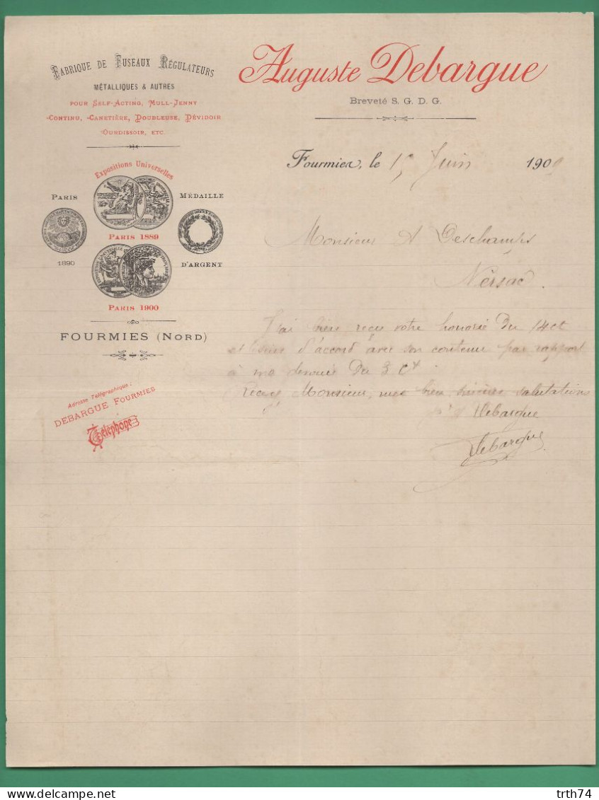 59 Fourmies Debargue Auguste Fabrique De Fuseaux Régulateurs Métalliques Et Autres 1 Juin 1909 - Textilos & Vestidos