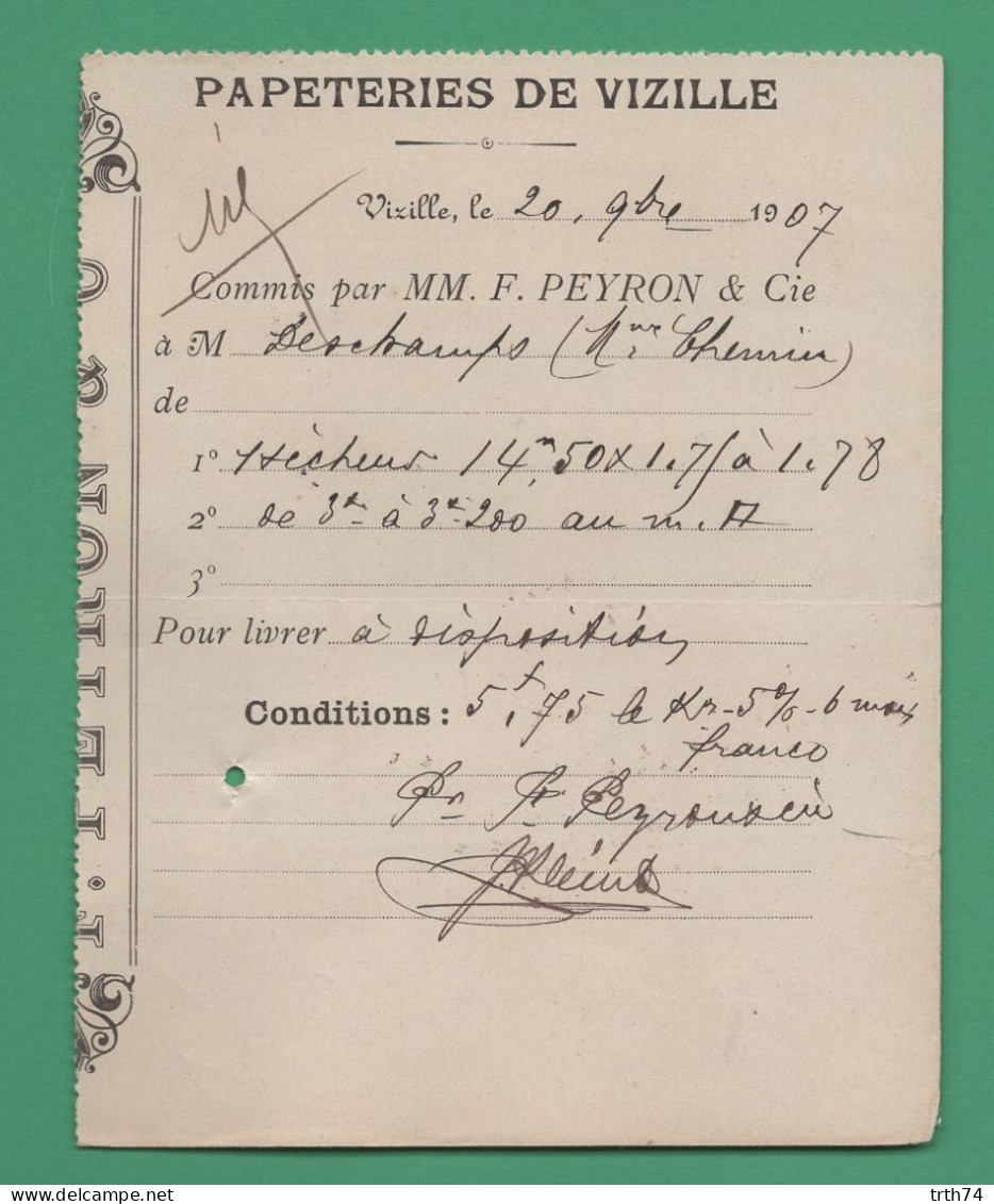 38 Vizille Papeterie De Vizille  Peyron Et Cie 20 11 1907 - Drukkerij & Papieren