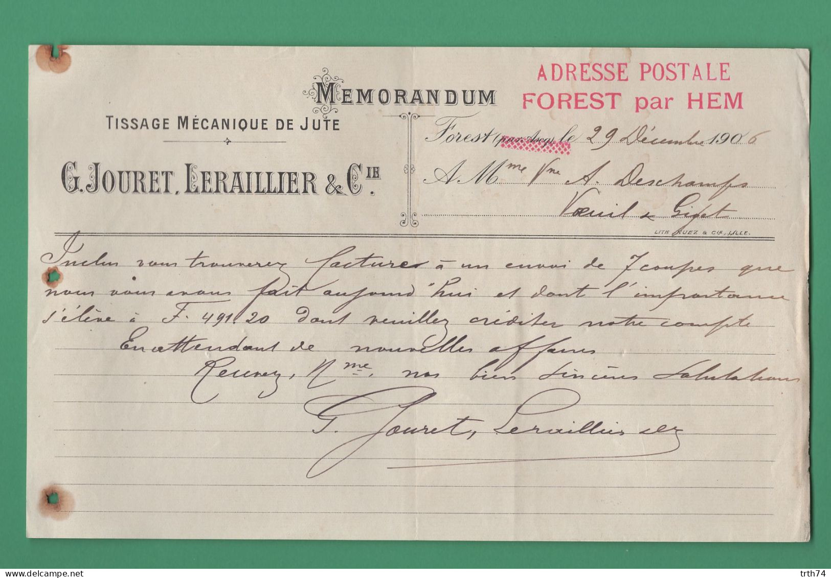 59 Forest Par Hem Ascq Jouret Leraillier Tissage Mécanique De Jute 29 Décembre 1906 - Textilos & Vestidos