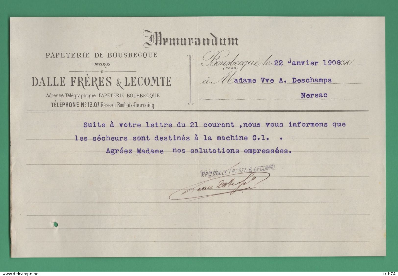 59 Bousbecque Dalle Frères Et Lecomte Papeterie De Bousbecque ( Nord ) 22 Janvier 1909 - Textile & Clothing