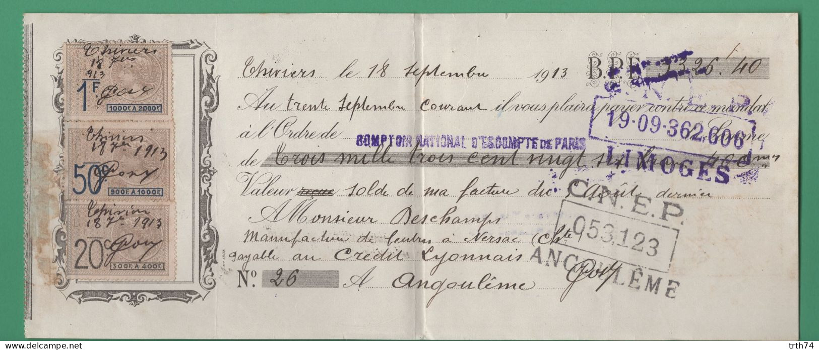 24 Thiviers Mandat A Ordre 18 Septembre 1913 ( Trois Timbres Fiscaux ) - Straßenhandel Und Kleingewerbe