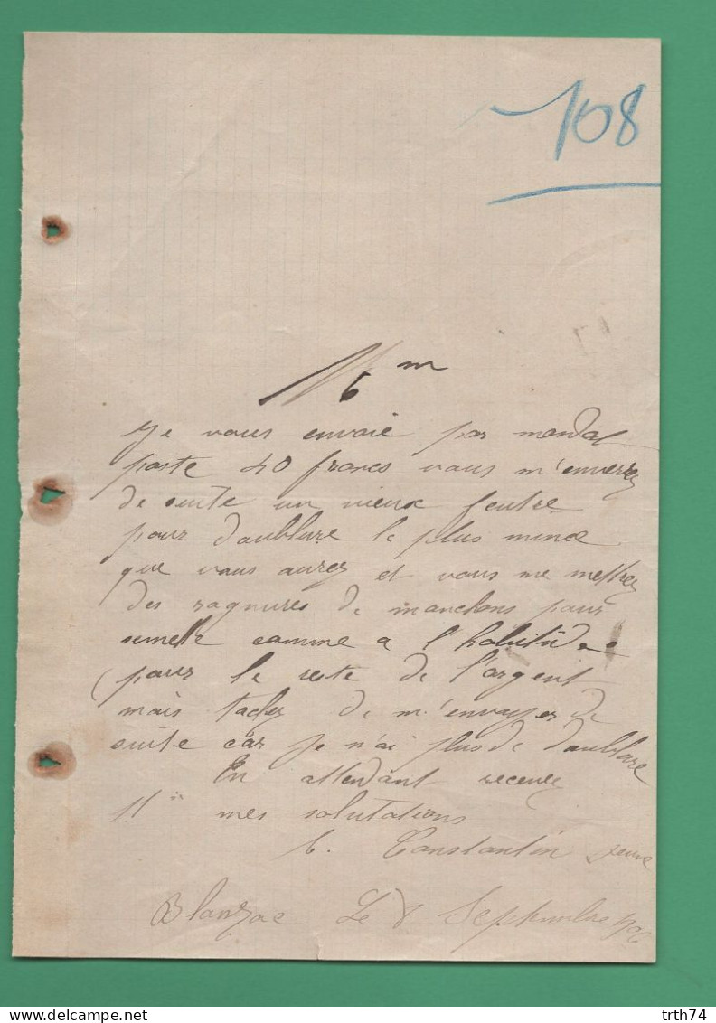 16 Blanzac Constantin Jeune ( Sujet Feutre Pour Doublure ) 8 Septembre 1906 - Historische Dokumente