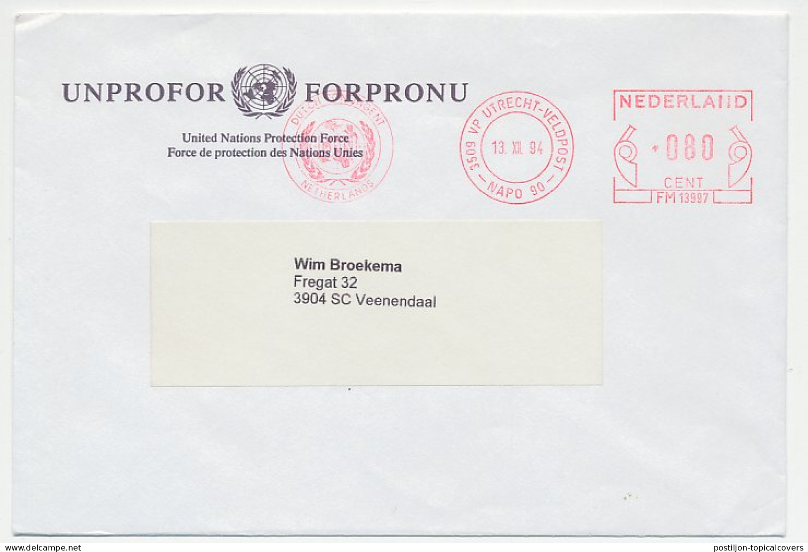 Meter Cover Netherlands 1994 United Nations Protection Force - UNPROFOR - Fieldpost NAPO 90 - Militaria