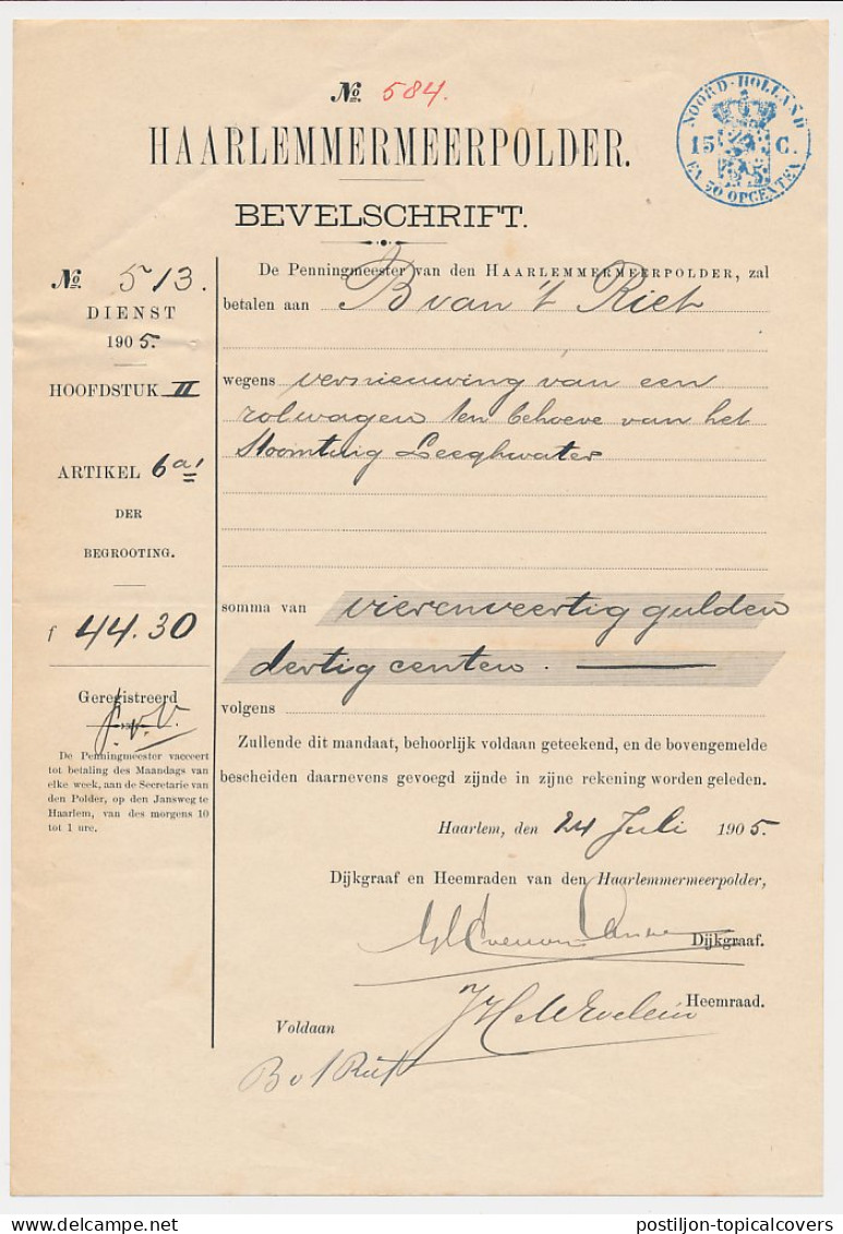 Fiscaal Stempel - Bevelschrift Haarlemmermeer Polder 1905 - Fiscale Zegels