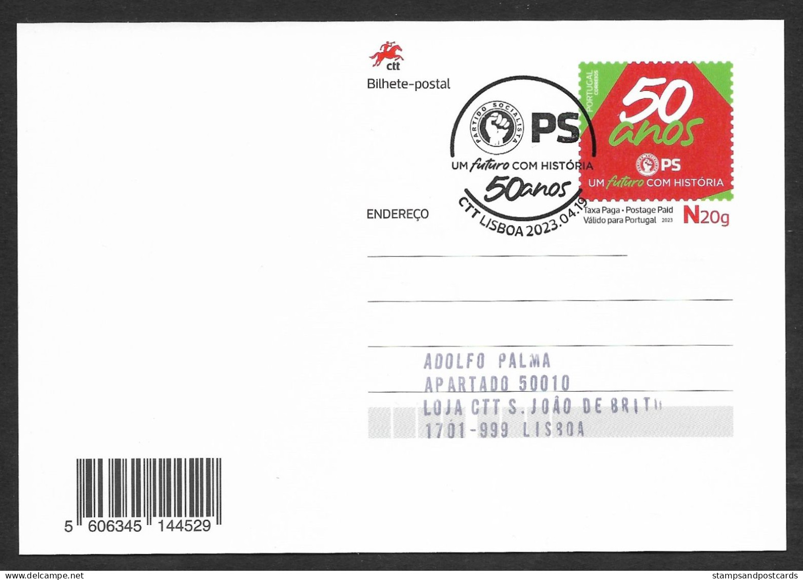 Portugal Entier Postal 2023 Partido Socialista Parti Socialiste 50 Ans Cachet Stationery Socialist Party 50 Years Pmk - Ganzsachen
