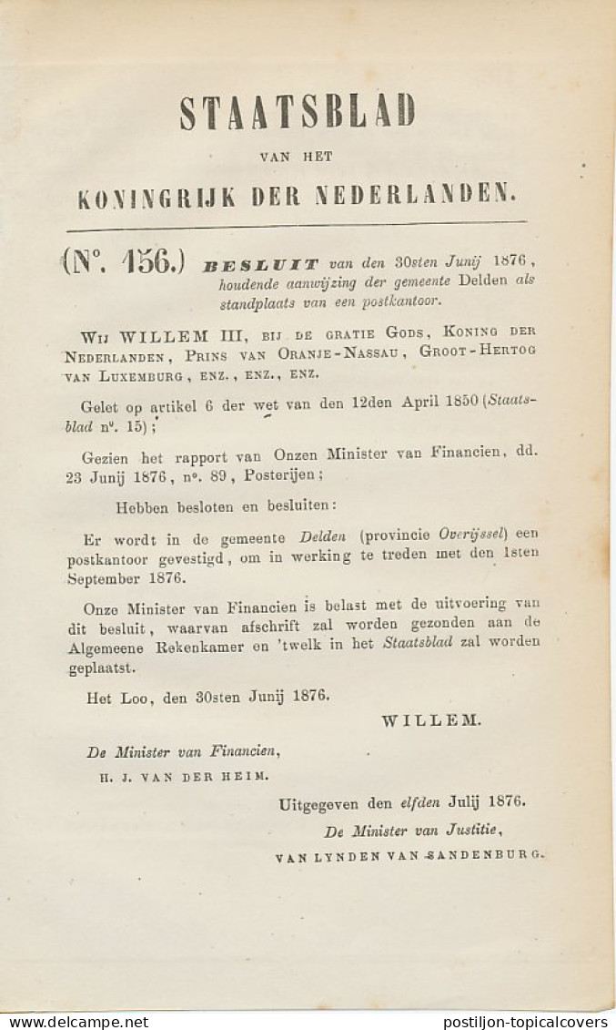 Staatsblad 1876 - Betreffende Postkantoor Delden - Lettres & Documents