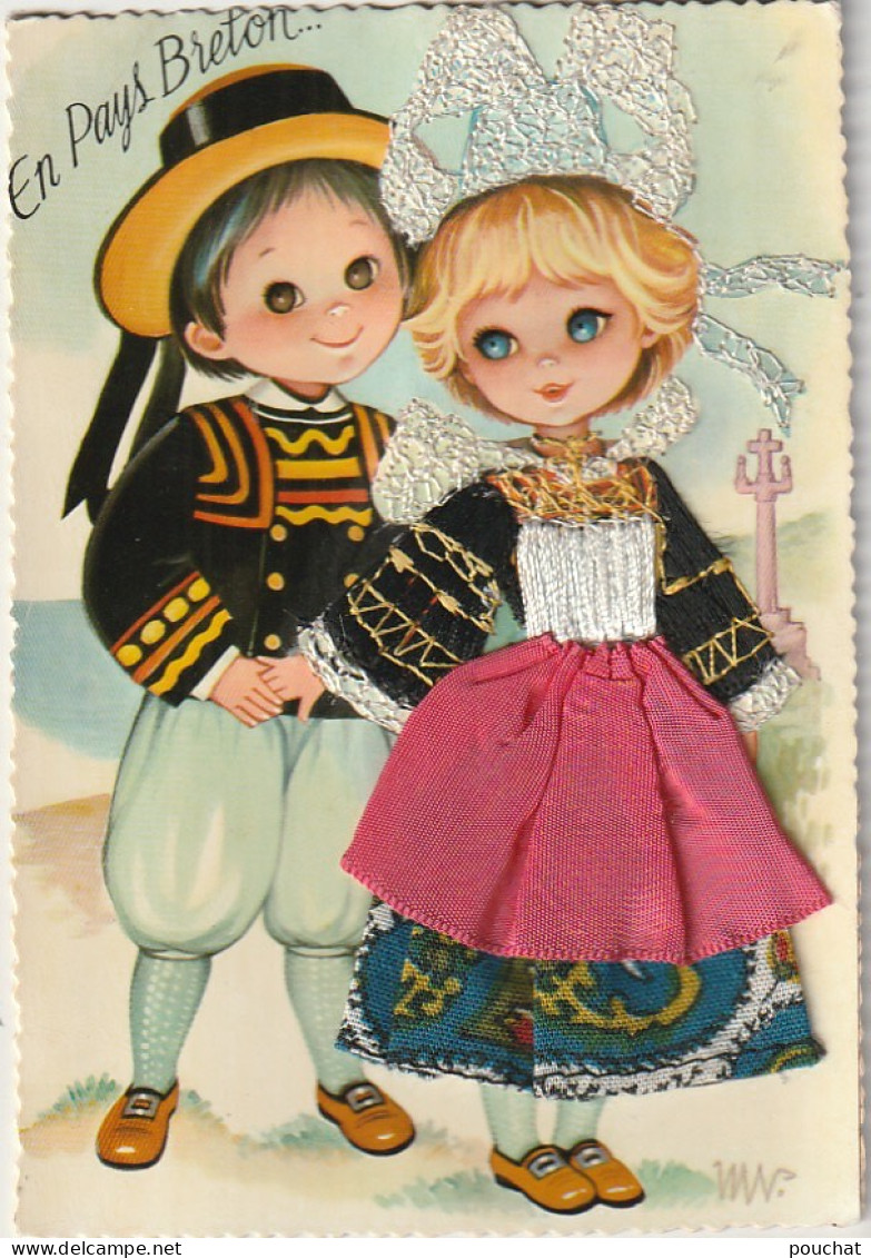 ZY 42-(29) EN PAYS BRETON - PETITS ENFANTS DE PONT AVEN - CARTE FANTAISIE BRODEE AVEC AJOUT DE TISSU - 2 SCANS - Costumes