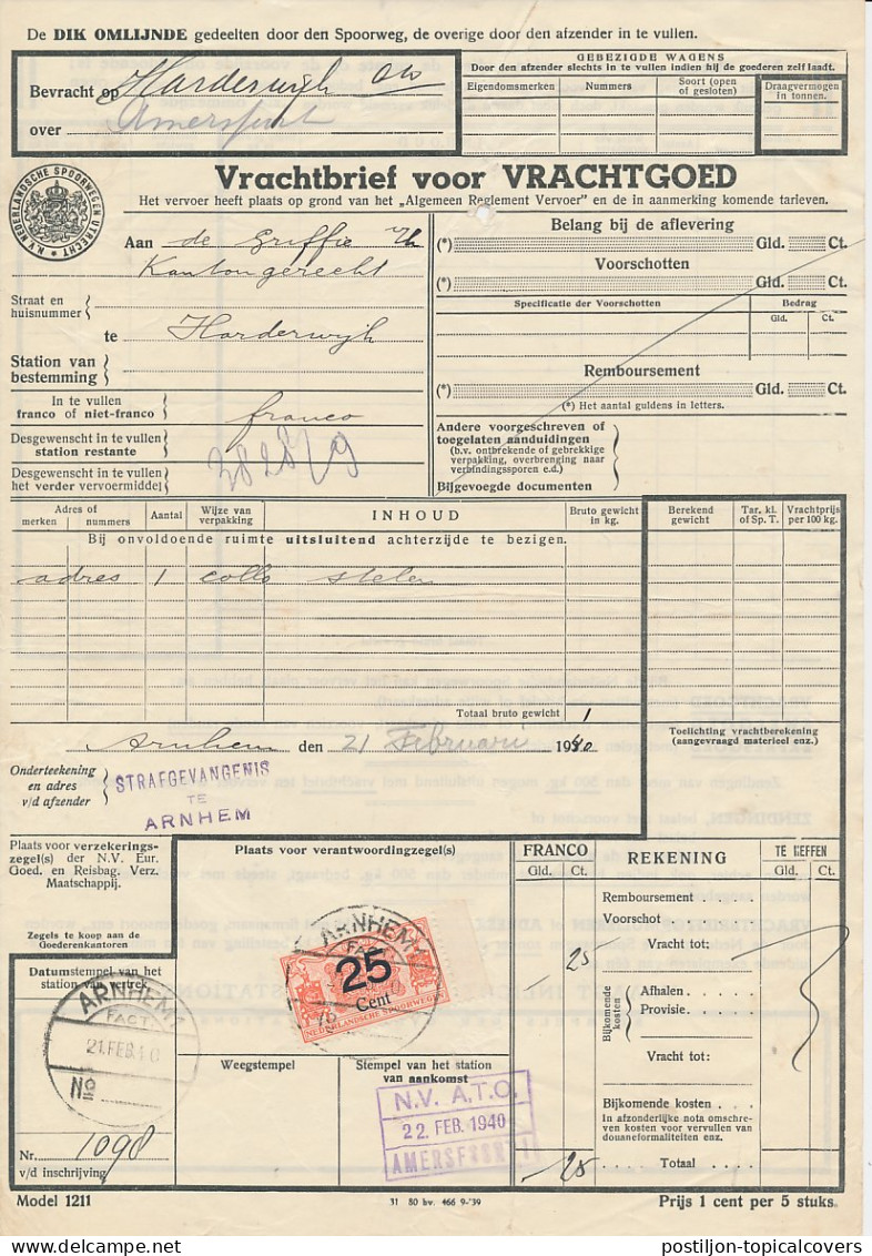 Vrachtbrief / Spoorwegzegel N.S. Arnhem - Harderwijk 1940 - Ohne Zuordnung