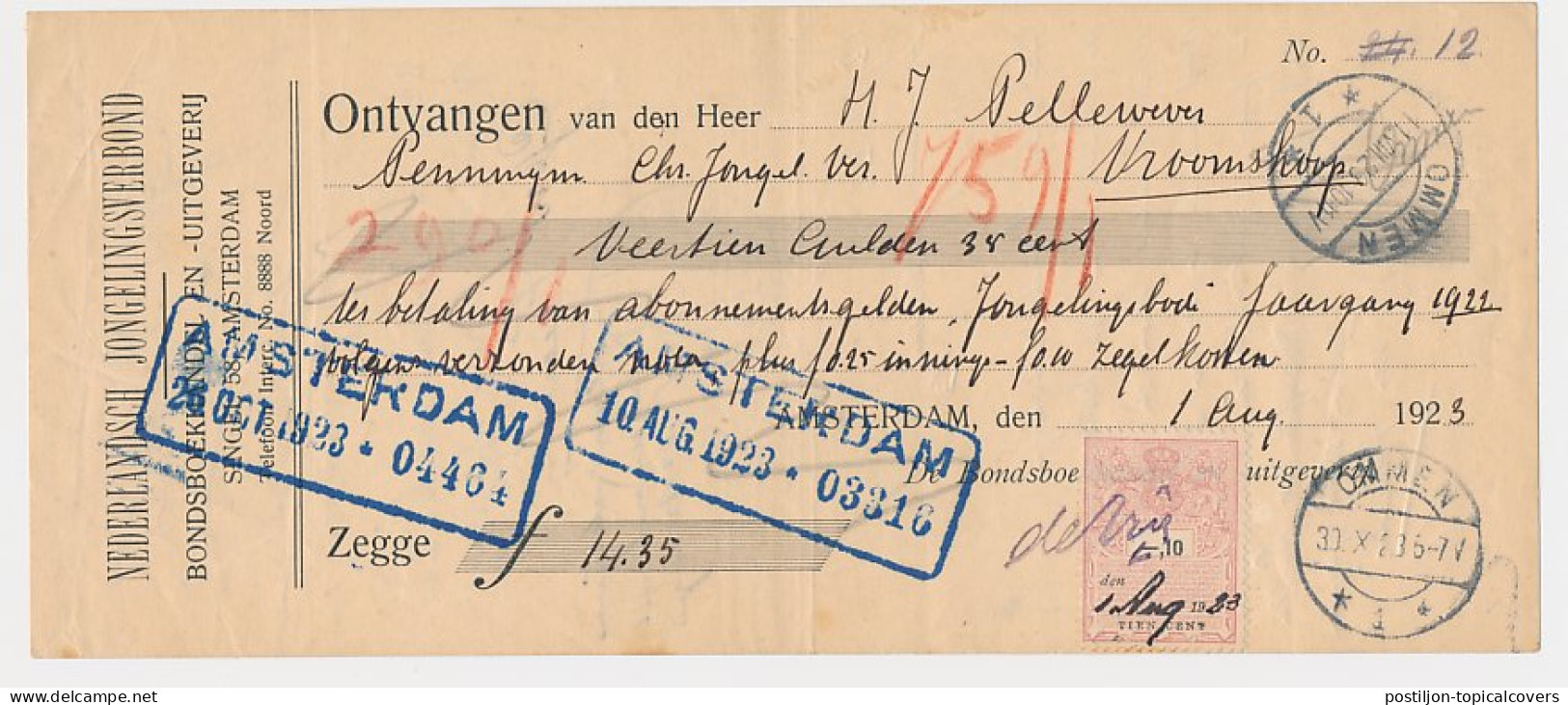 Amsterdam - Vroomshoop - Ommen 1923 - Zwerfkwitantie  - Unclassified