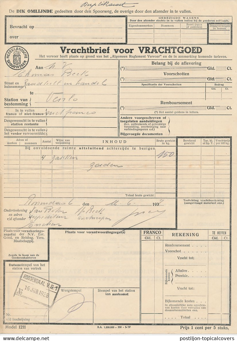 Vrachtbrief N.S. Roosendaal - Venlo 1938 - Non Classés