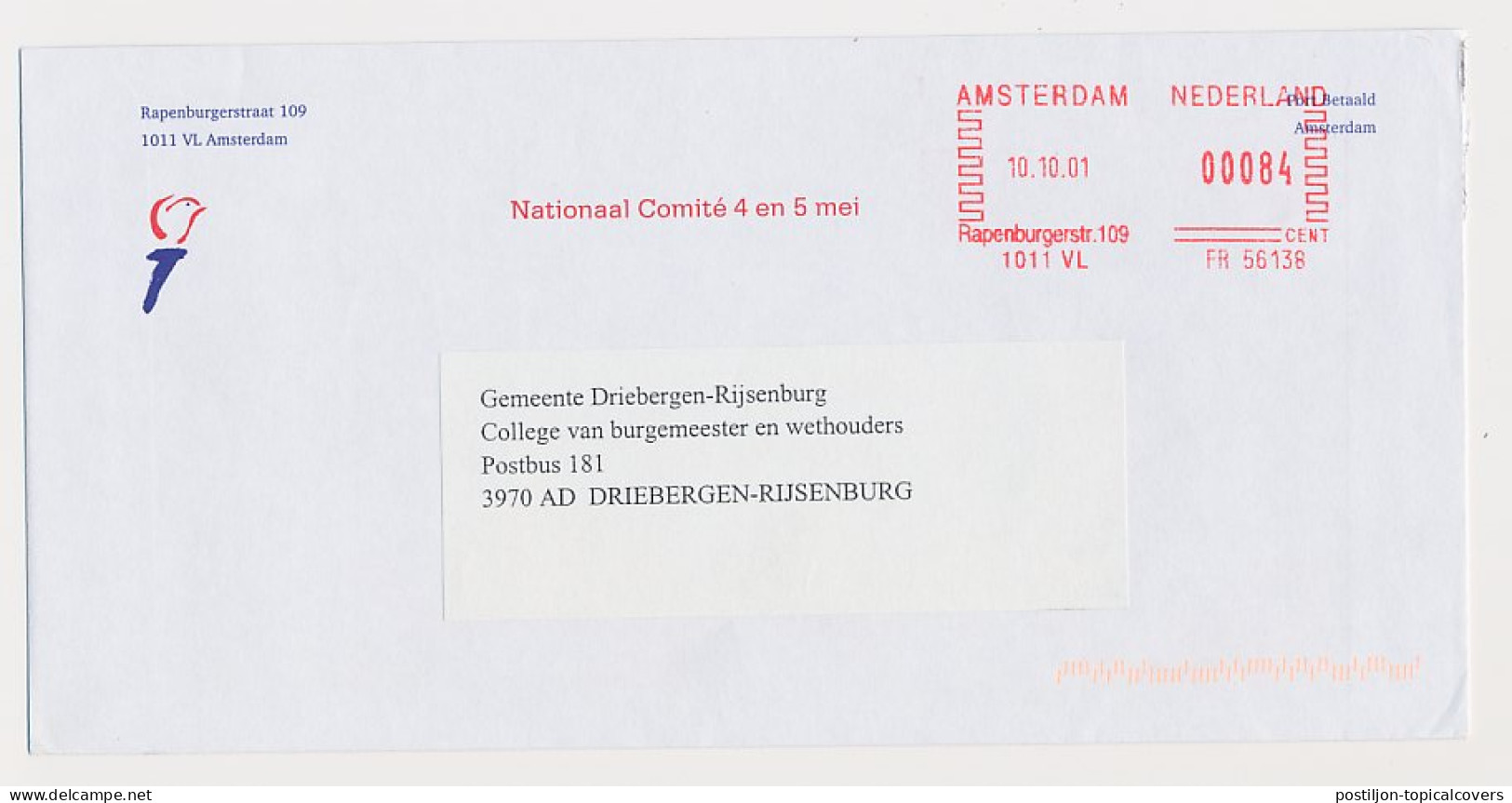 Meter Cover Netherlands 2001 National Committee May 4 And 5 - Guerre Mondiale (Seconde)