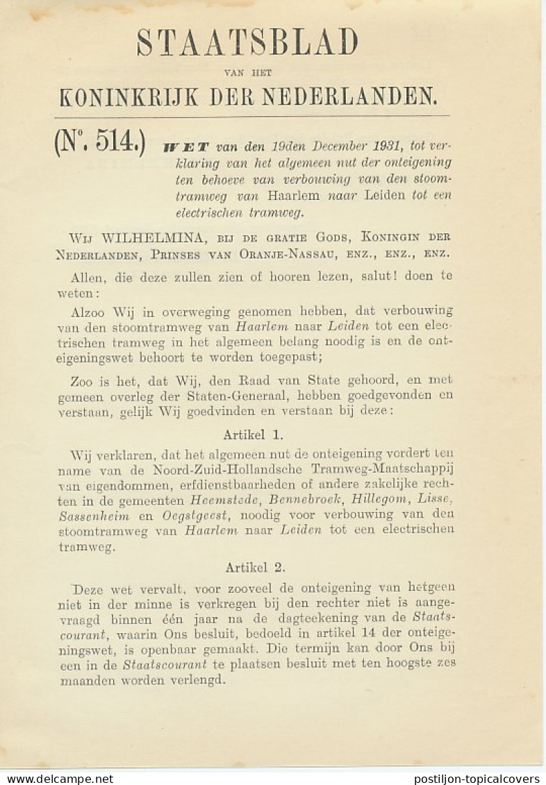 Staatsblad 1931 : Spoorlijn Haarlem - Leiden - Historical Documents