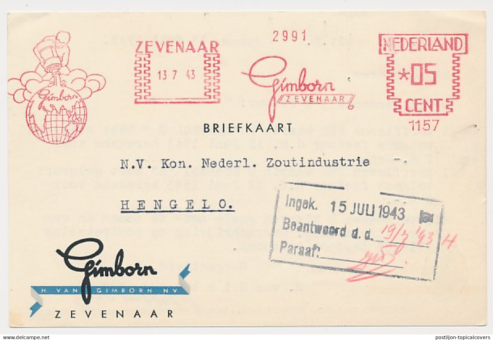Meter Card Netherlands 1943 Inkwell - Globe - Zevenaar - Non Classés