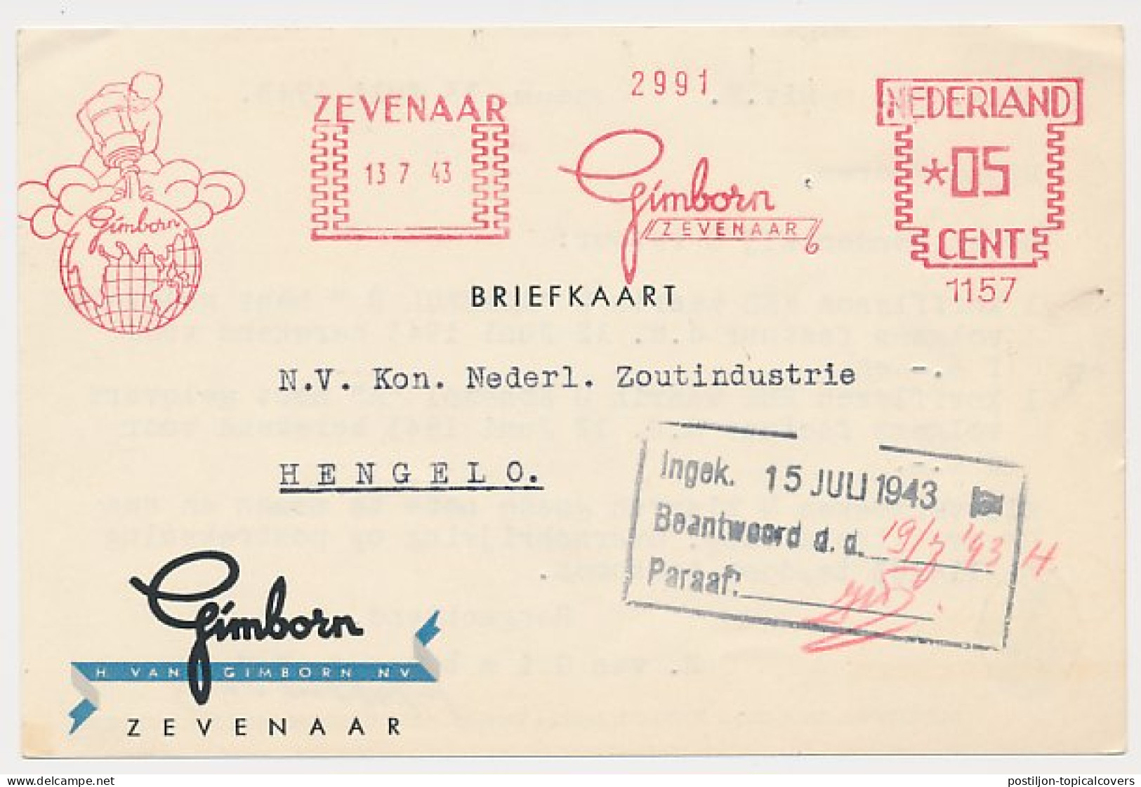 Meter Card Netherlands 1943 Inkwell - Globe - Zevenaar - Unclassified