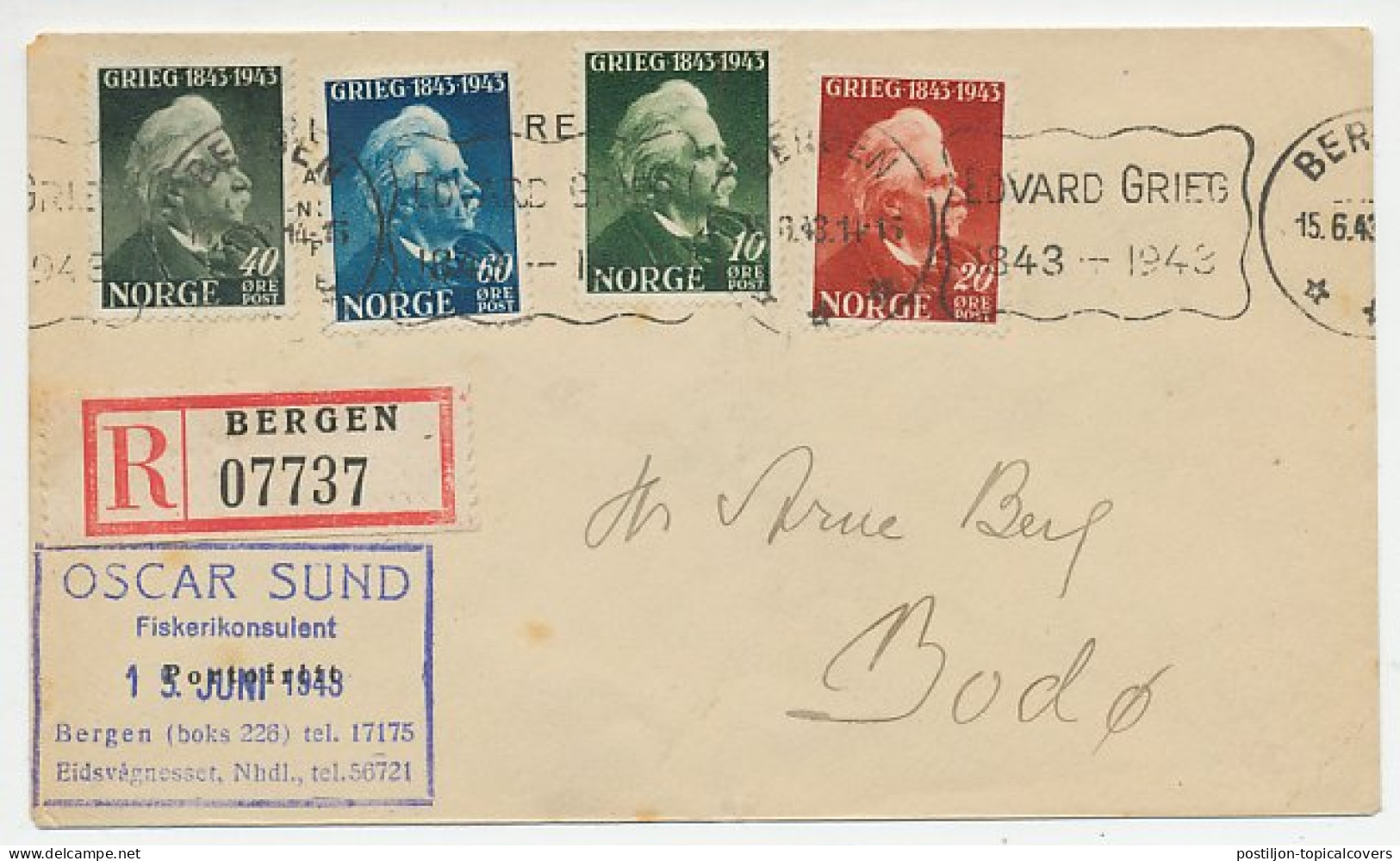 Registered Cover / Postmark Norway 1943 Edvard Grieg - Composer - Musica