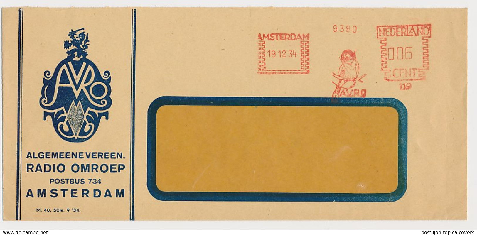 Meter Cover Netherlands 1934 Bird - Finch - Eavesdropper - AVRO - Other & Unclassified