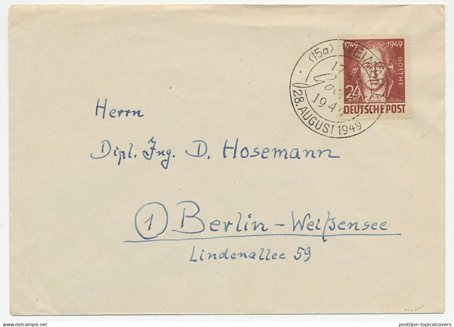 Cover / Postmark Germany 1949 Johann Wolfgang - Goethe - Writer - Schriftsteller