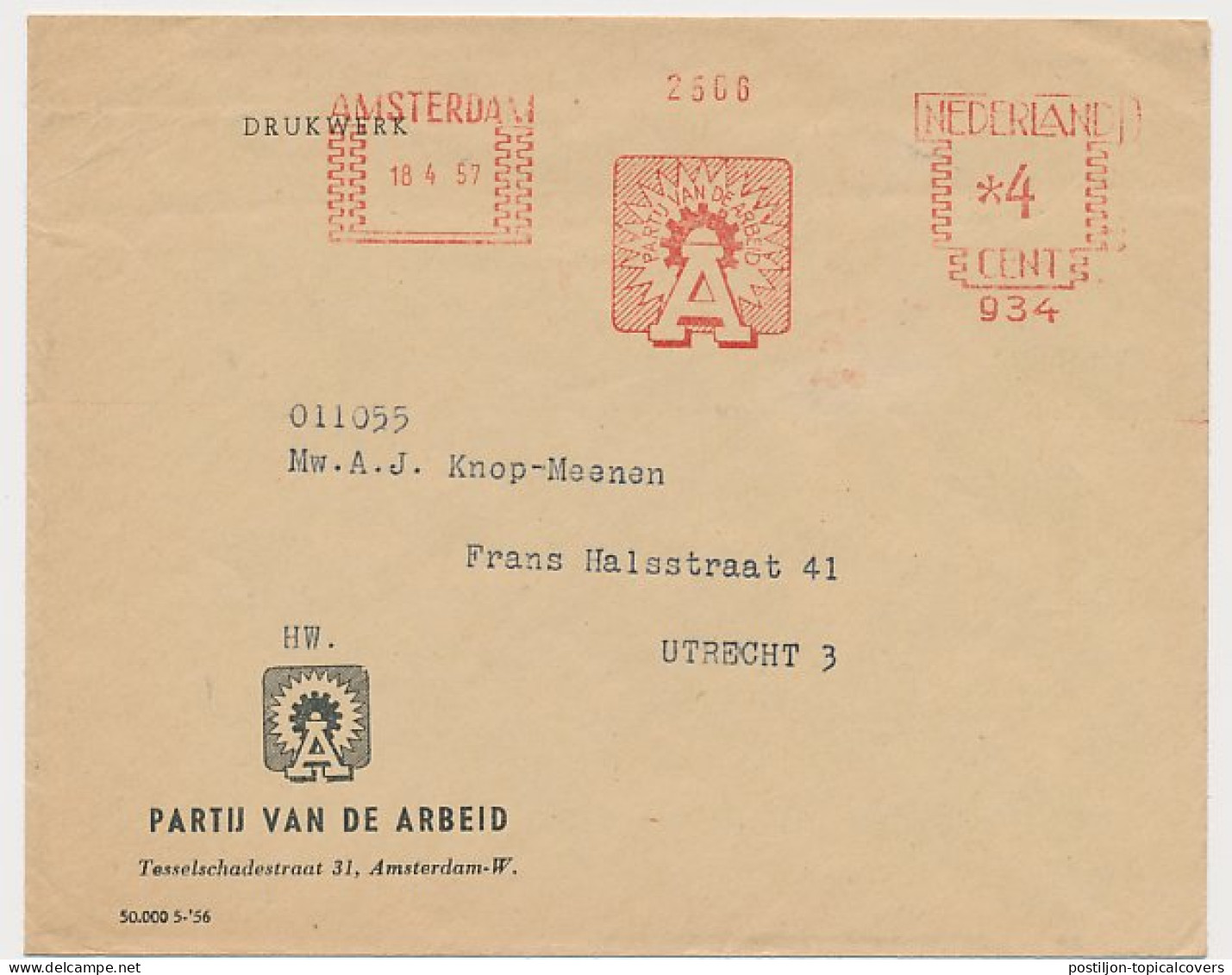 Meter Cover Netherlands 1957 PVDA - Political Party - Labour Party - Amsterdam  - Unclassified